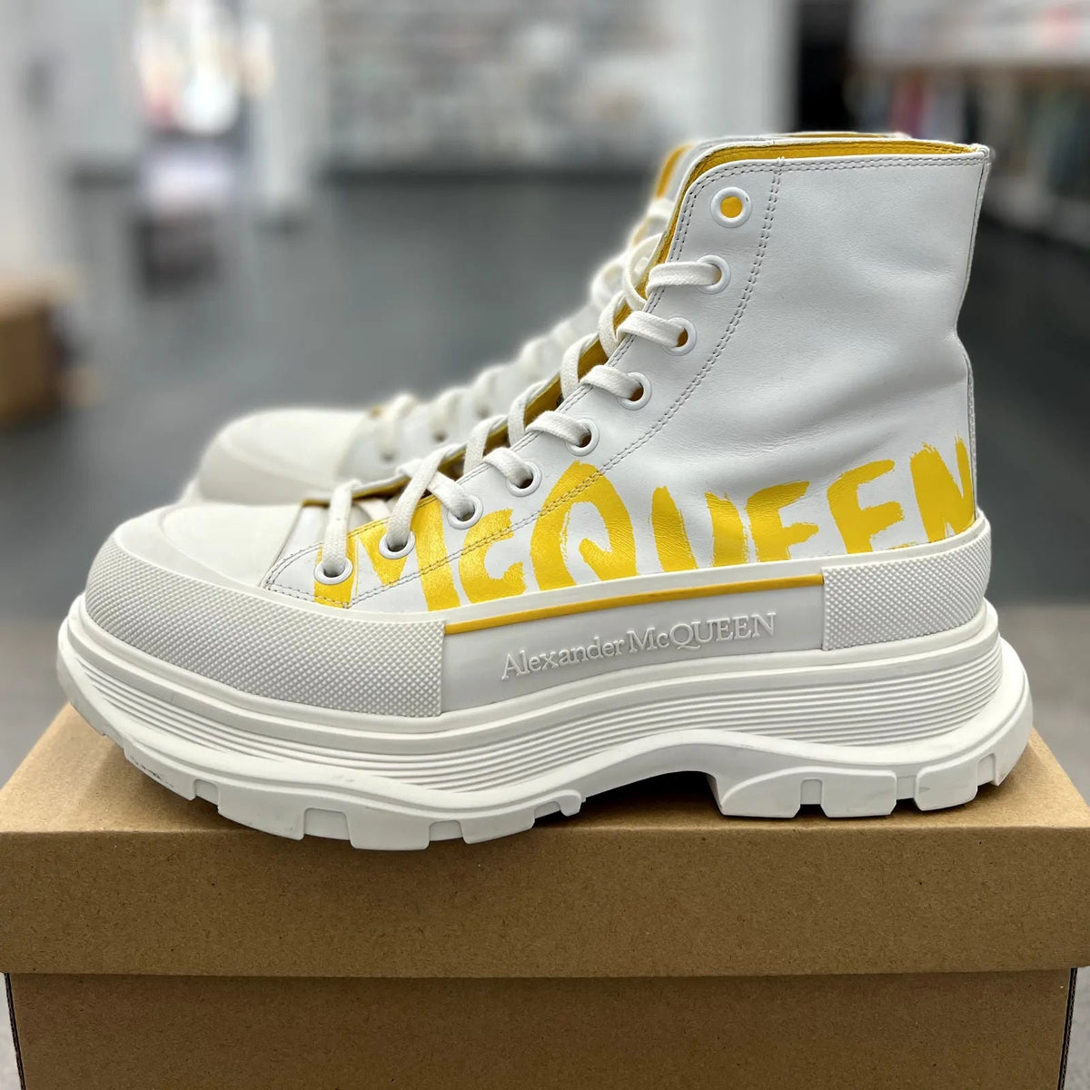Alexander McQueen Tread Slick Boot Graffiti White Yellow Pop - Preowned