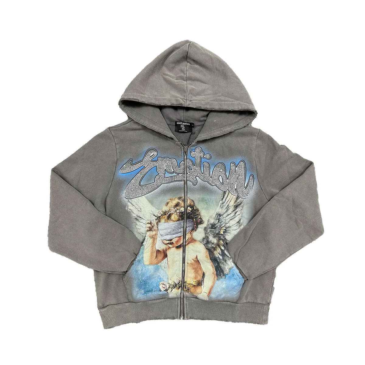 Mixed Emotion Rhinestone Zip Up Hoodie (Grey) - Preowned