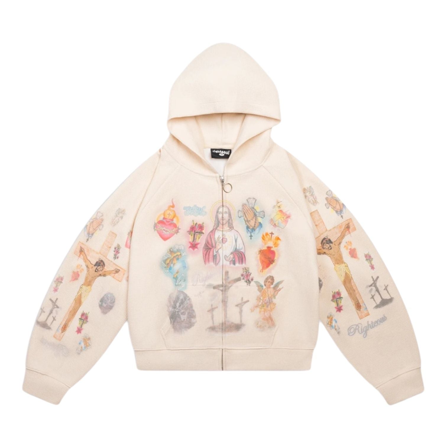 We Are Righteous Risen King Thermal Zip Up Hoodie (Cream) - Preowned