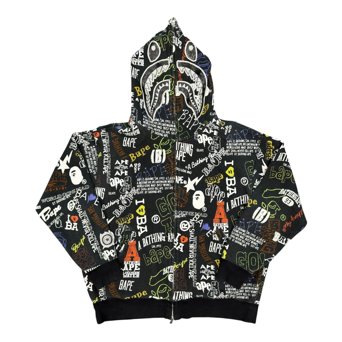 Bape Hand Draw Shark Full Zip Hoodie (Black) - Preowned