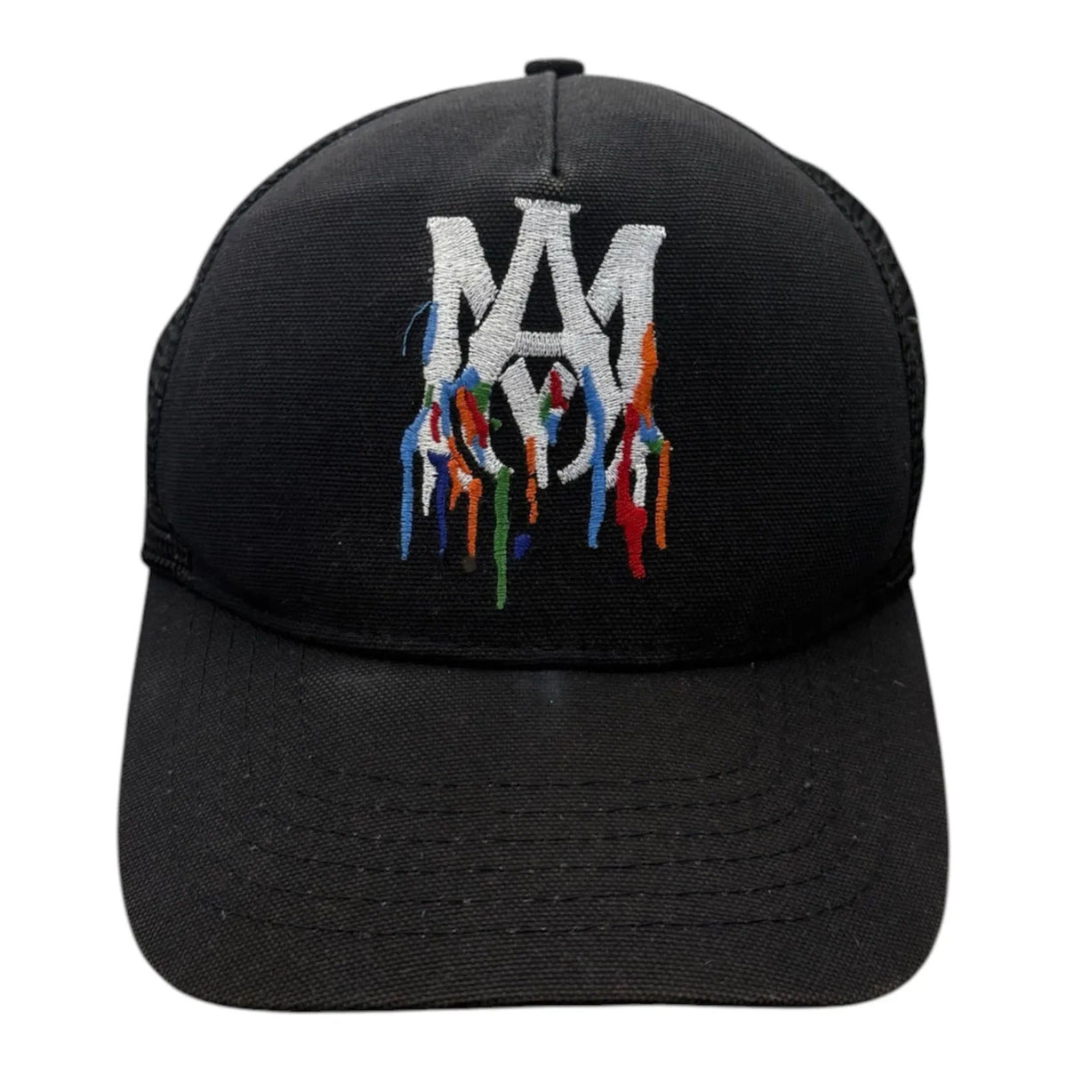 AMIRI Embroidered Paint Drip AM Logo Trucker Snapback Cap Black/White/Multi - Preowned