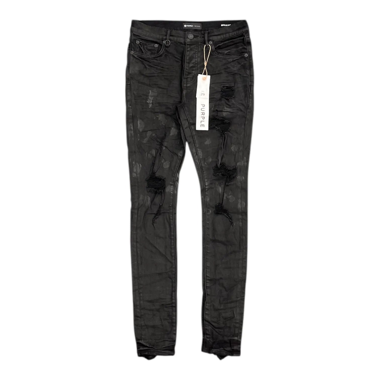 Purple Brand Low Rise Coated Skinny Jeans (Black Oil Spill) - Preowned