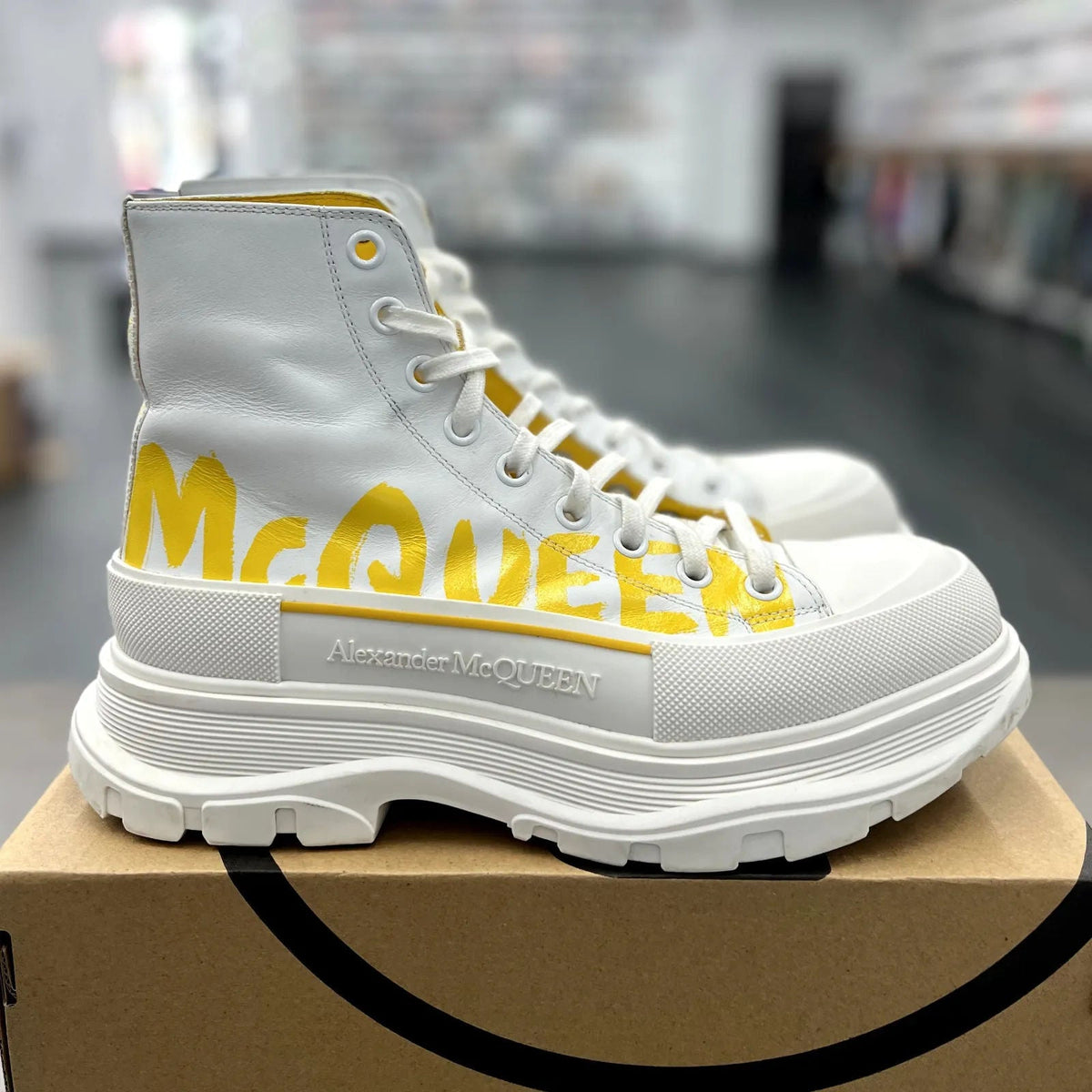 Alexander McQueen Tread Slick Boot Graffiti White Yellow Pop - Preowned