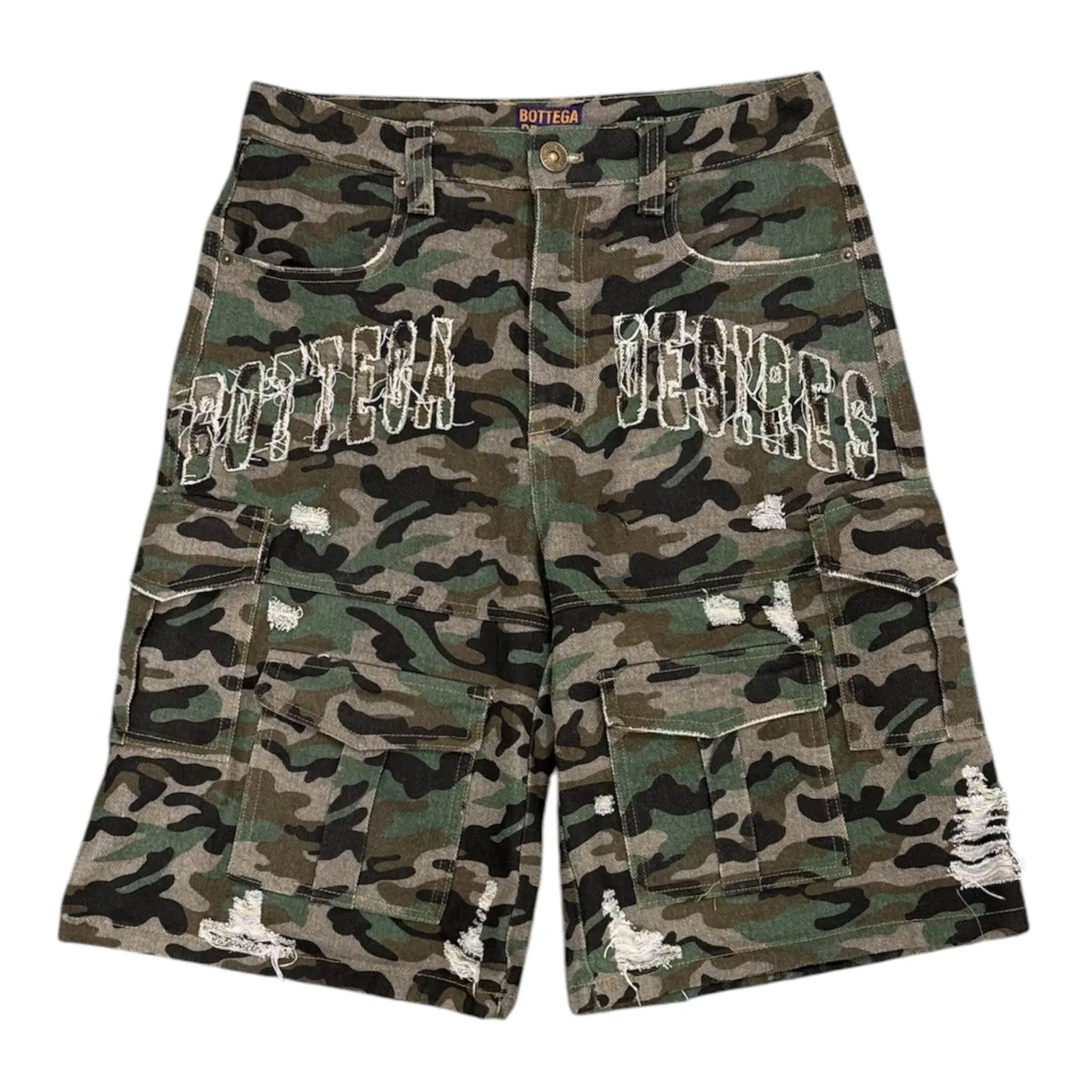 Bottega Desires Distressed Camo Cargo Shorts (Green) - Preowned