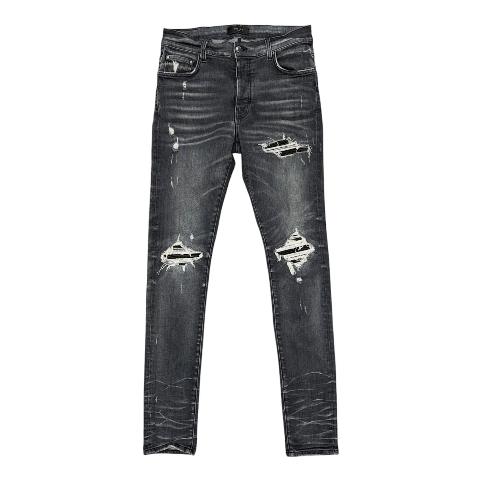 Amiri MX1 Black Leather Patch Jeans (Grey) - Preowned