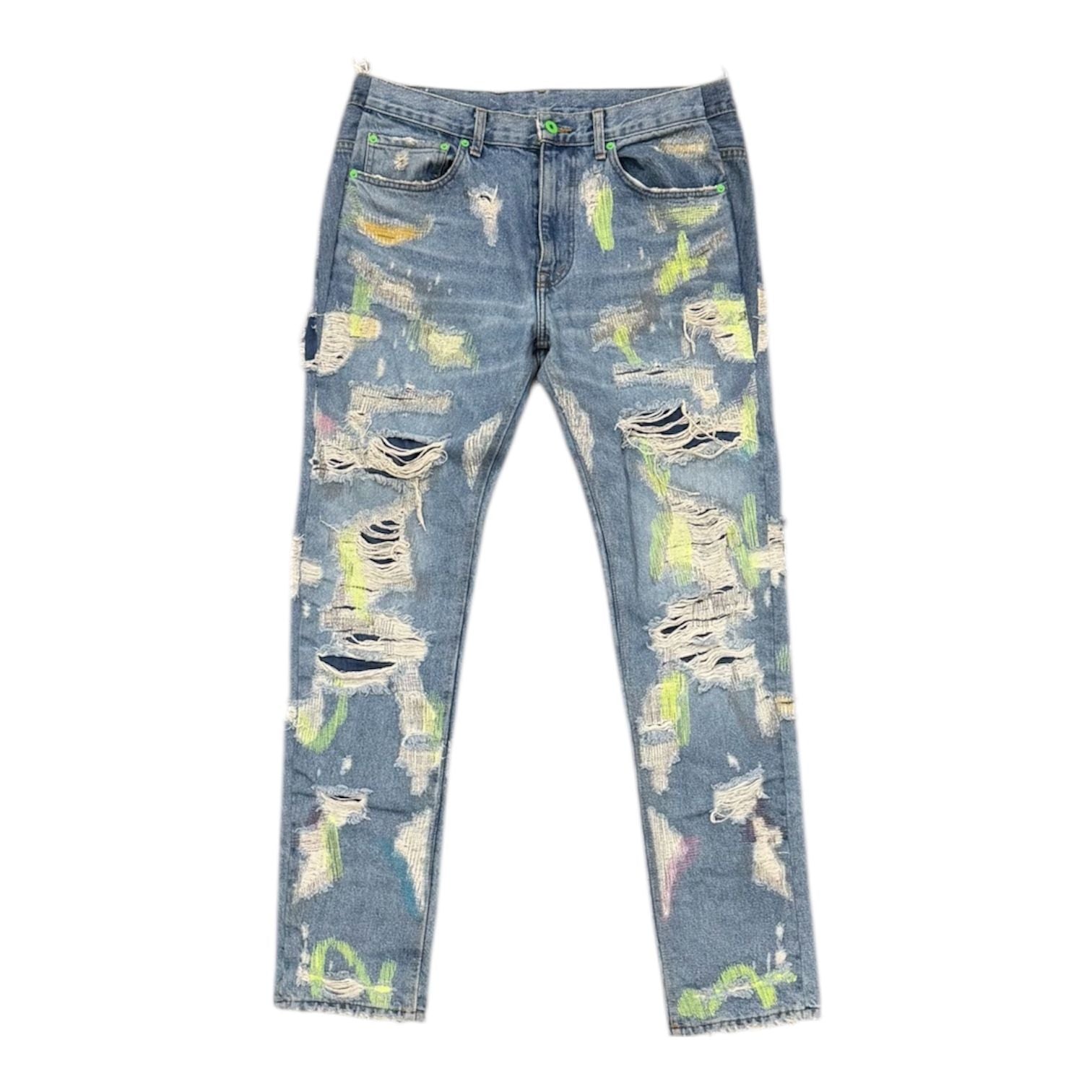 Vlone x Endless Embroidered and Distressed Denim Jeans Neon Green (Tailored) - Preowned