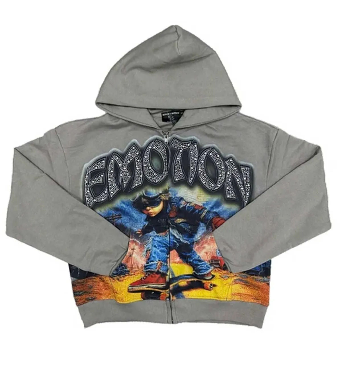 Mixed Emotion Last Ride Rhinestone Zip Up Hoodie (Grey) - Preowned