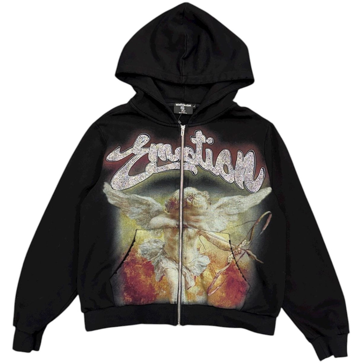Mixed Emotion Angel Rhinestone Zip Up Hoodie (Black) - Preowned