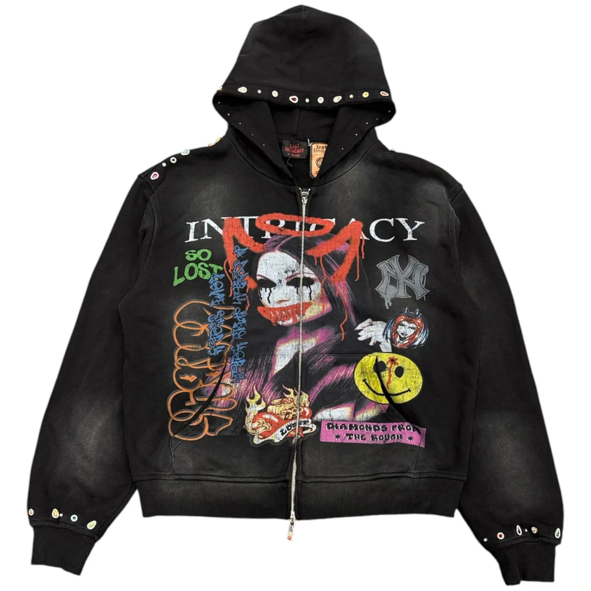 Lost Intricacy Front Page Mag Zip Up Hoodie (Black) - Preowned