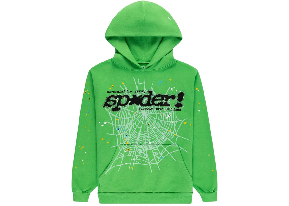 Sp5der Punk V2 Rhinestone Hoodie Bright Green - Preowned