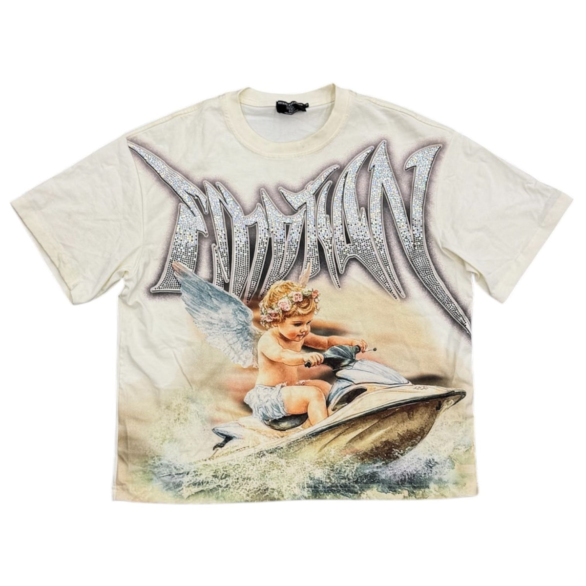 Mixed Emotion Cream ‘Jetski’ Rhinestone Tee (Cream) - Preowned
