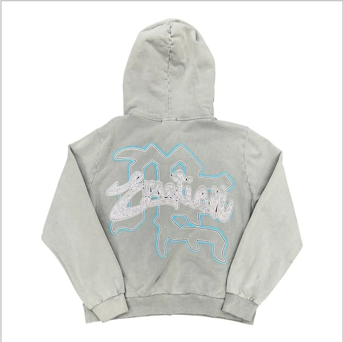 Mixed Emotion Rhinestone Zip Up Hoodie (Grey) - Preowned