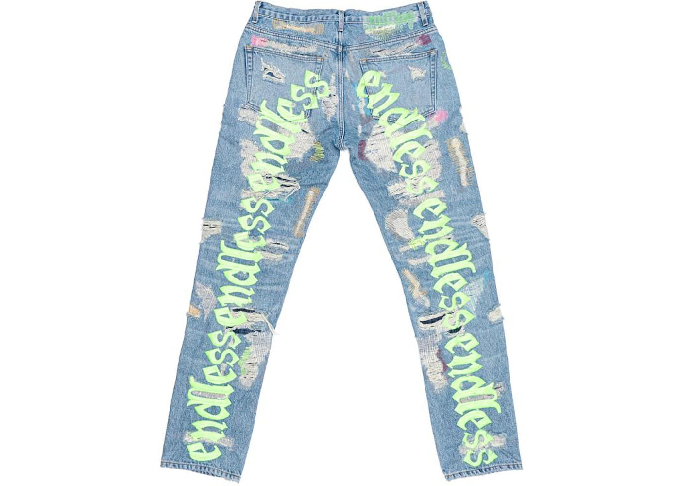 Vlone x Endless Embroidered and Distressed Denim Jeans Neon Green (Tailored) - Preowned