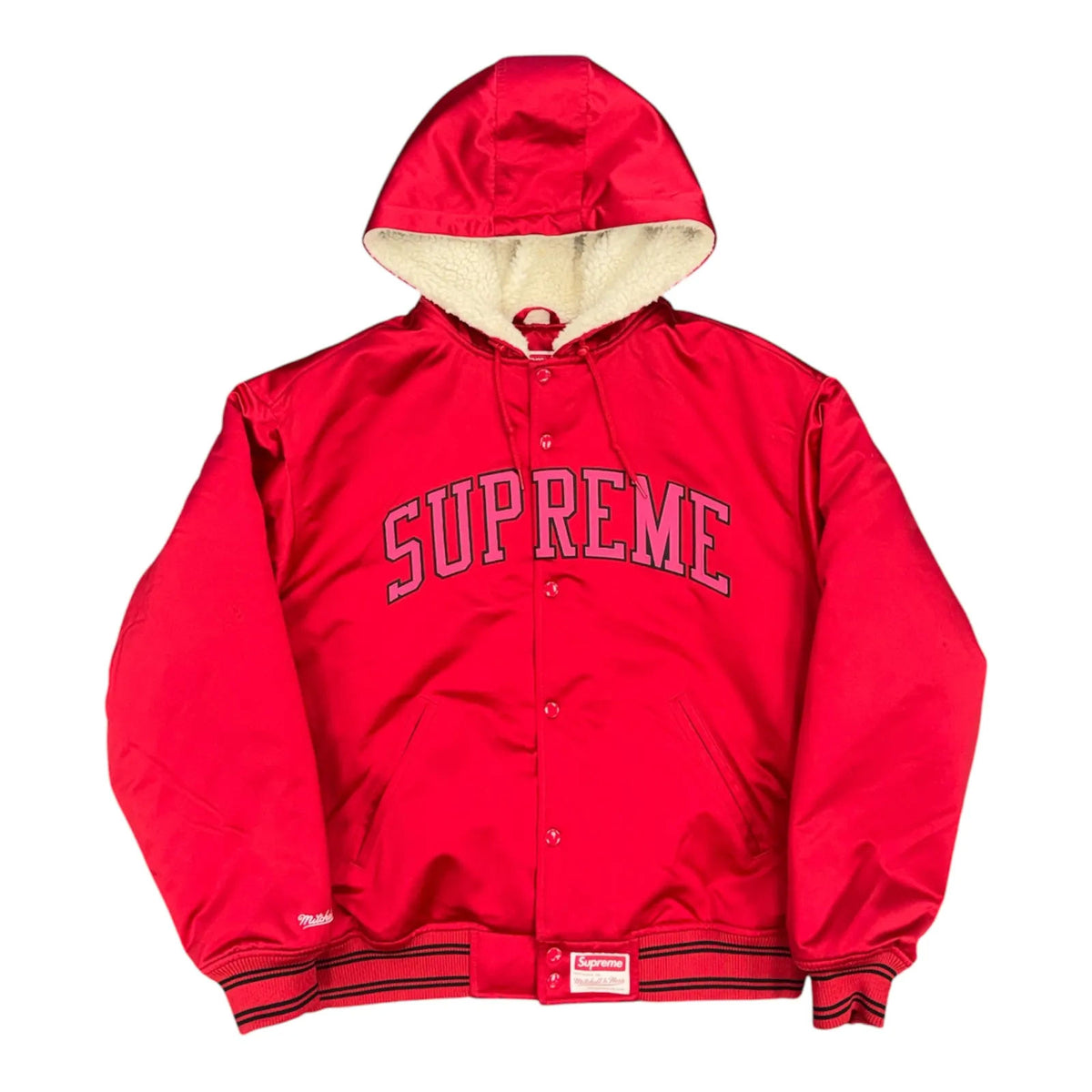 Supreme Mitchell & Ness Lined Hooded Satin Varsity Jacket Red - Preowned
