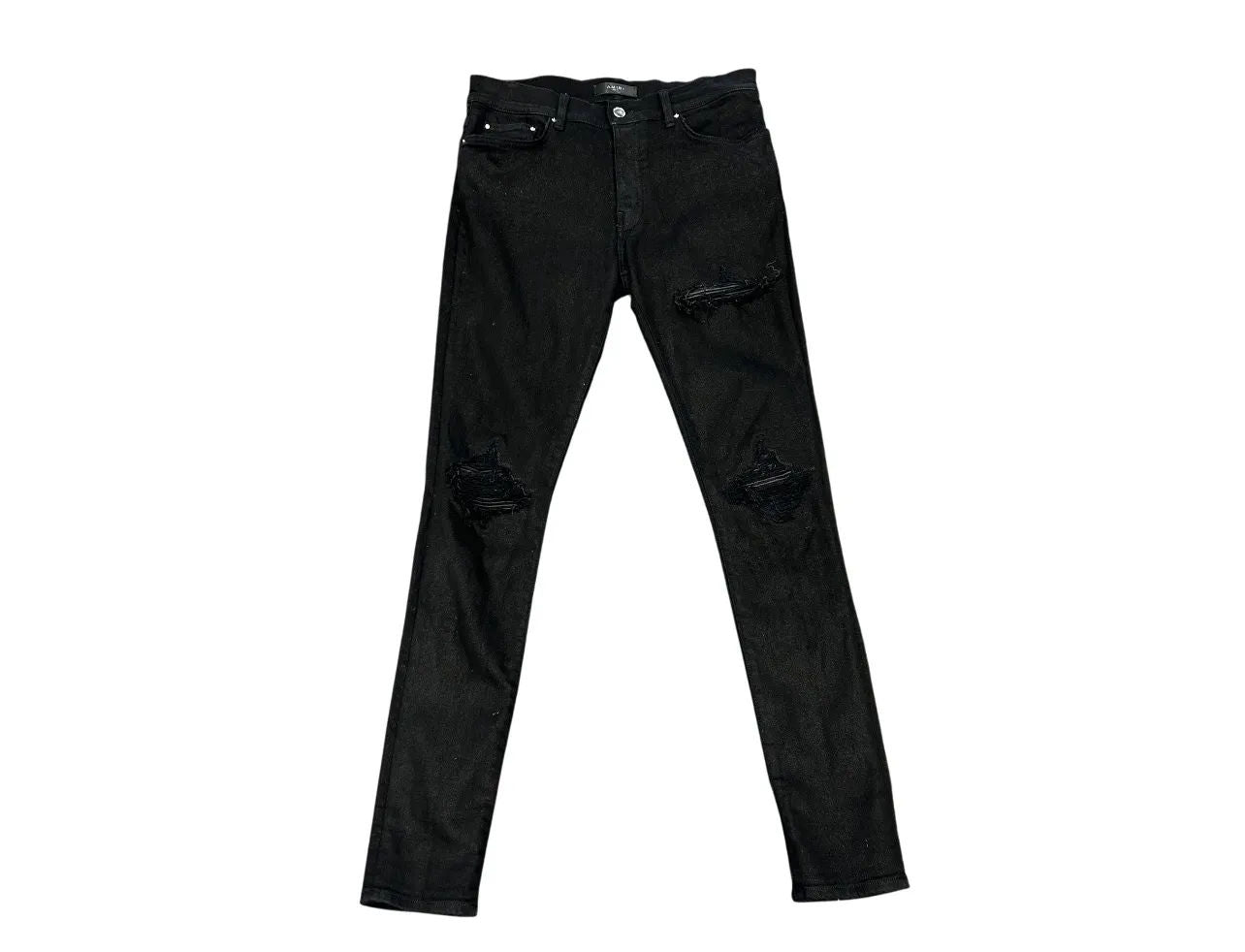 Amiri MX1 Black Leather Patch Jean (Black Waxed) - Preowned