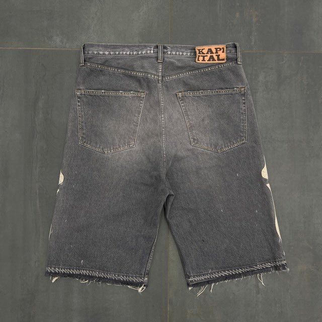 Kapital 14 Oz Denim 5P Bone Embroidery Shorts Black - Preowned
