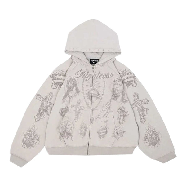 We Are Righteous Tattoo Zip Up Hoodie (Grey) - Preowned