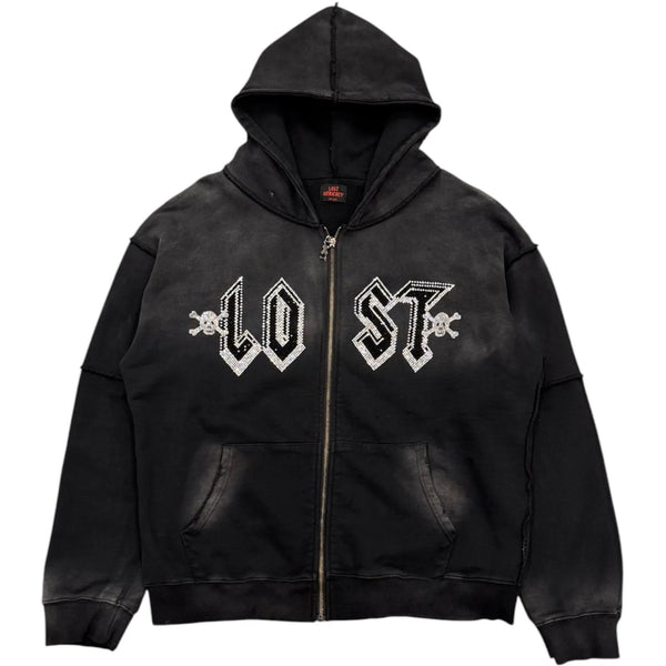 Lost Intricacy Rhinestone Zip Up Hoodie (Black) - Preowned