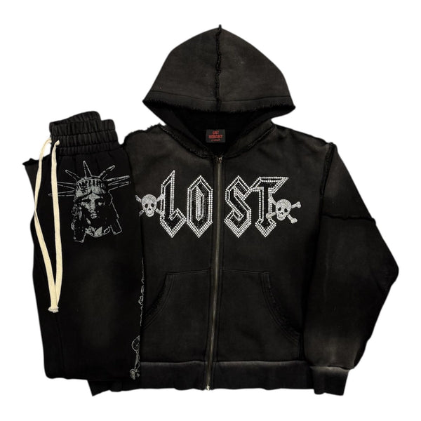 Lost Intricacy Skull Rhinestone Zip Hoodie Set (Black)