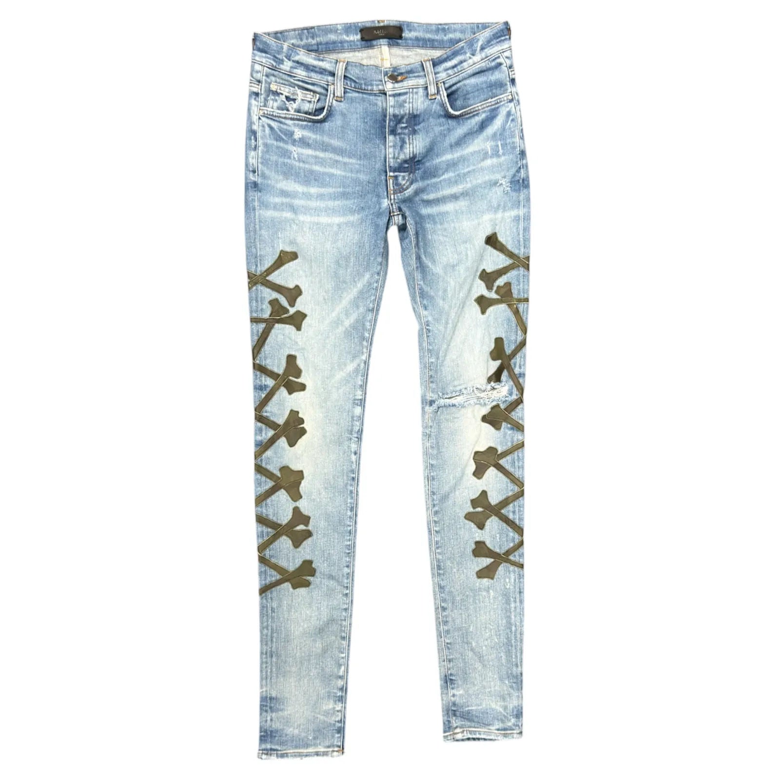 Amiri Camouflage Bones Applique Distressed Jeans (Blue) - Preowned