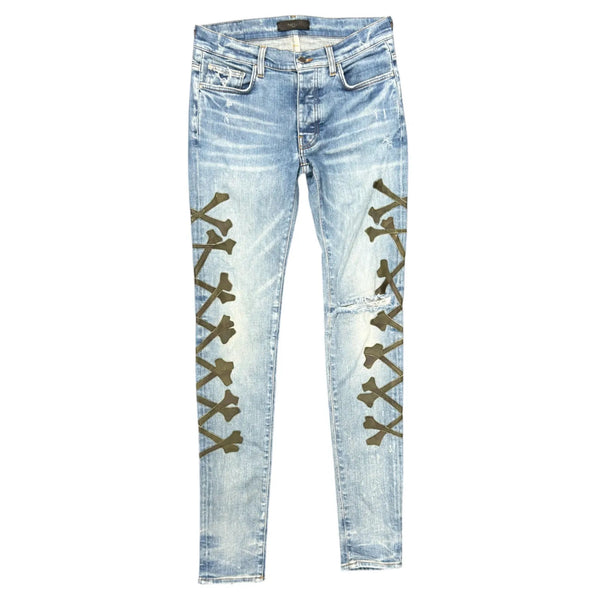 Amiri Camouflage Bones Applique Distressed Jeans (Blue) - Preowned