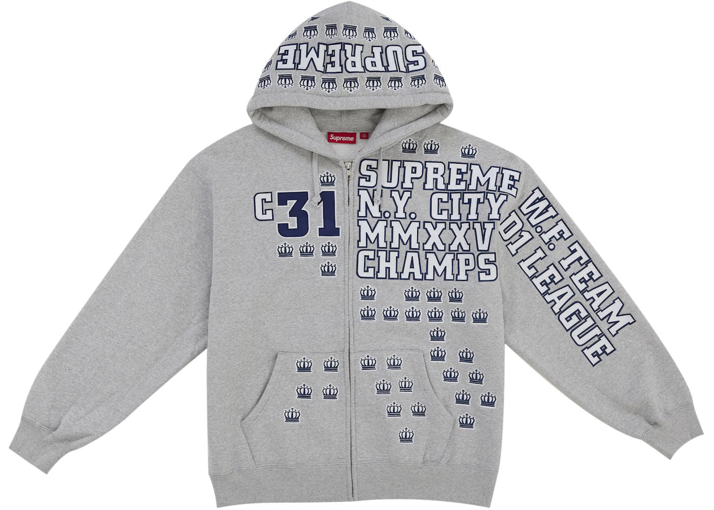 Supreme League Champs Zip Up Hooded Sweatshirt Grey
