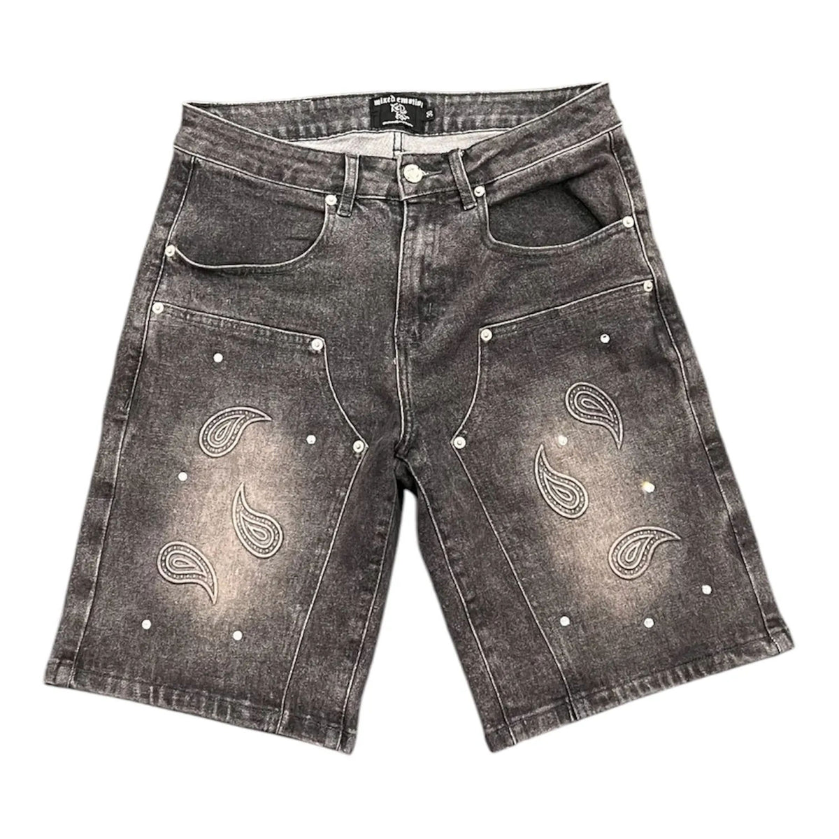 Mixed Emotion Paisley Denim Shorts (Dark Grey) - Preowned