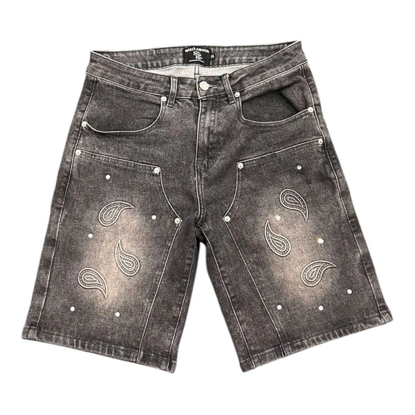 Mixed Emotion Paisley Denim Shorts (Dark Grey) - Preowned