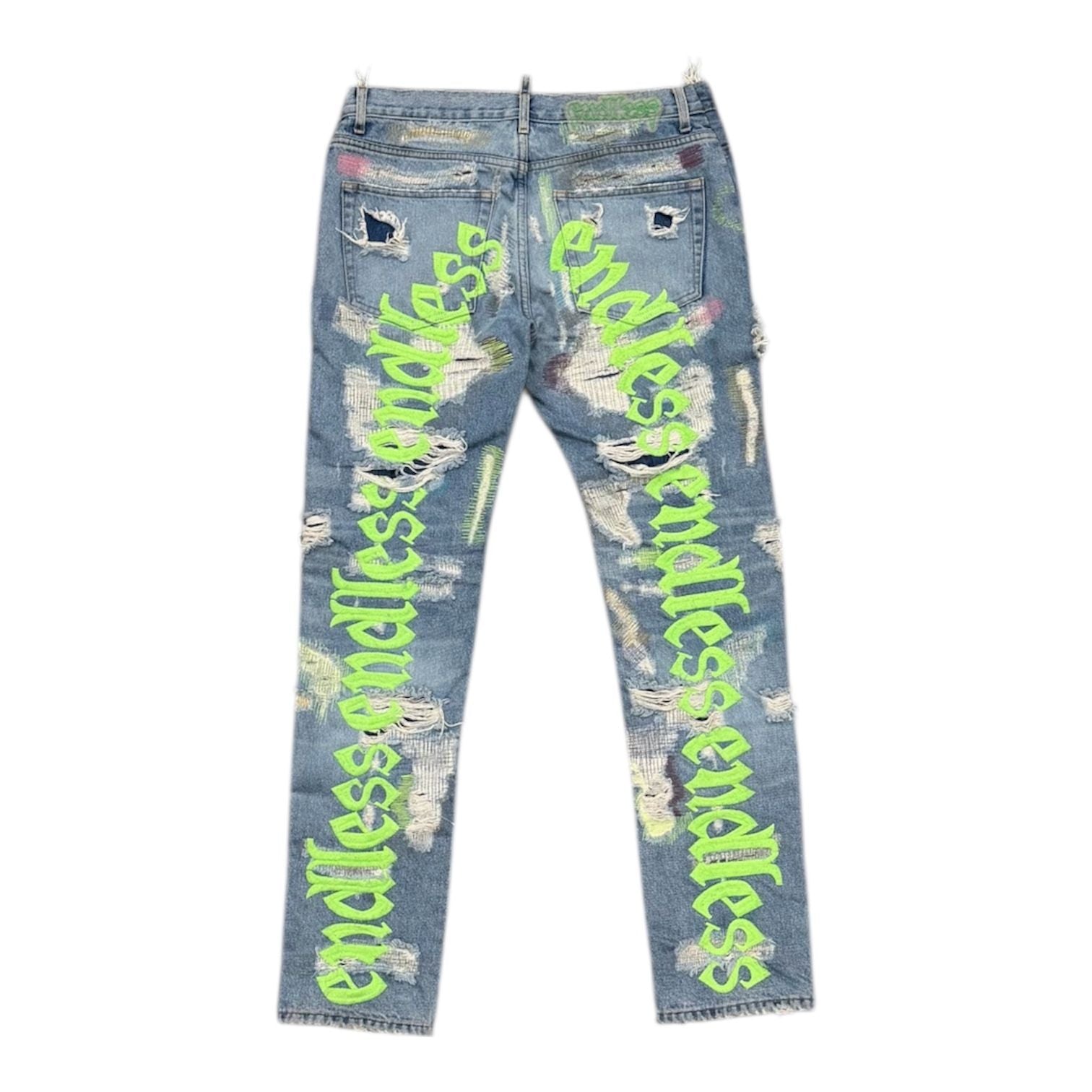 Vlone x Endless Embroidered and Distressed Denim Jeans Neon Green (Tailored) - Preowned