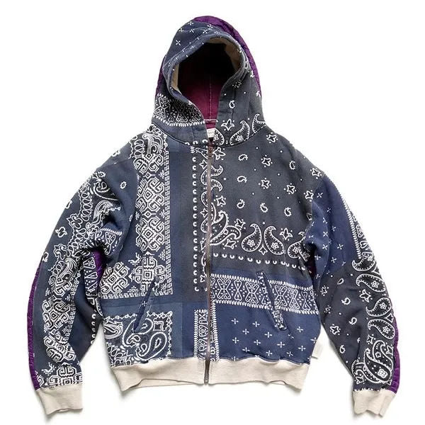 Kapital Half-Quilted Bandana Zip-Up Hoodie (Navy/Purple) - Preowned