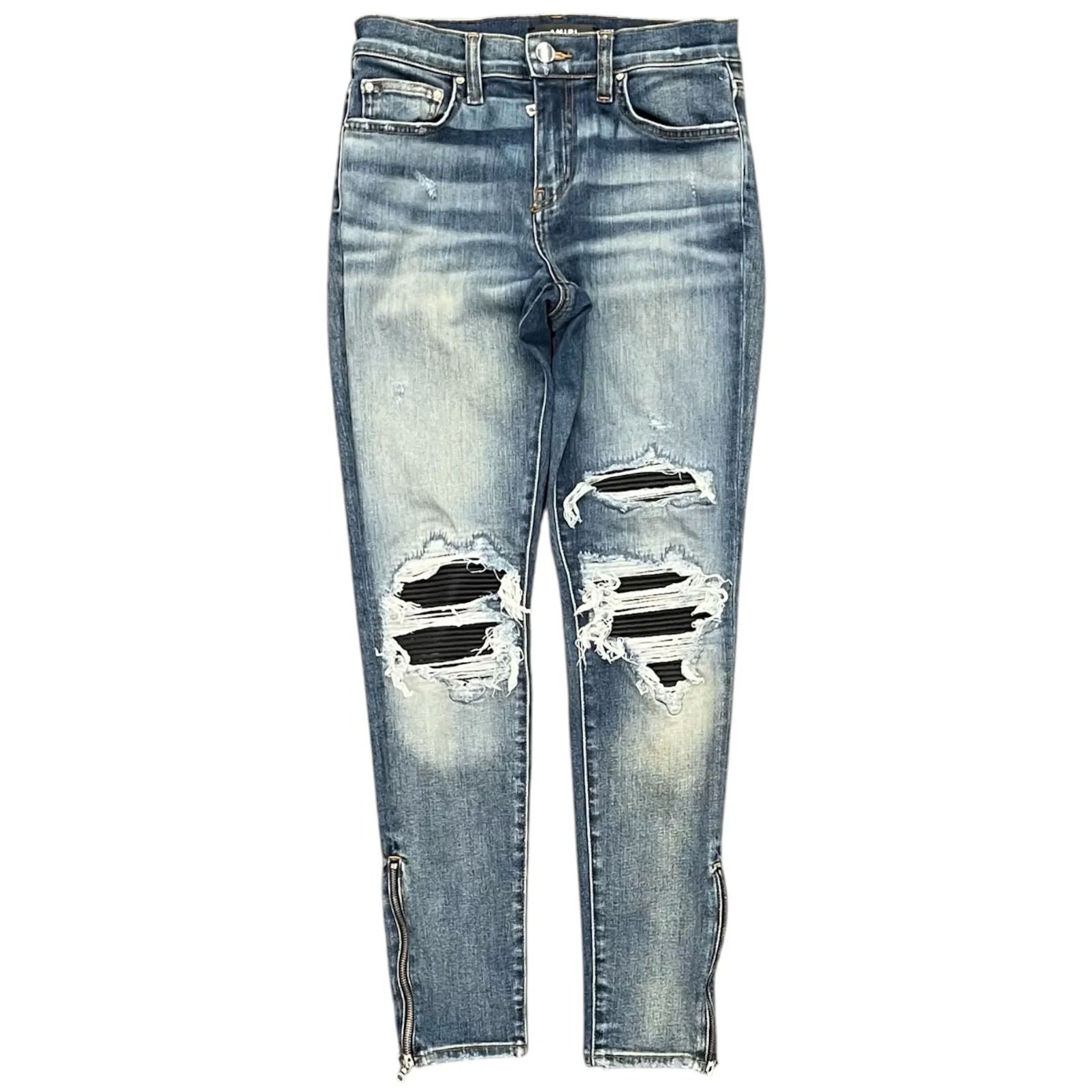Amiri Mx1 Black Leather Patch Jean (Mid Indigo) - Preowned