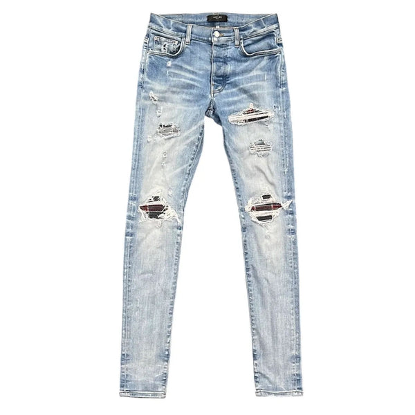 Amiri Mx1 Blue Plaid Patch Jeans (Clay Indigo) - Preowned