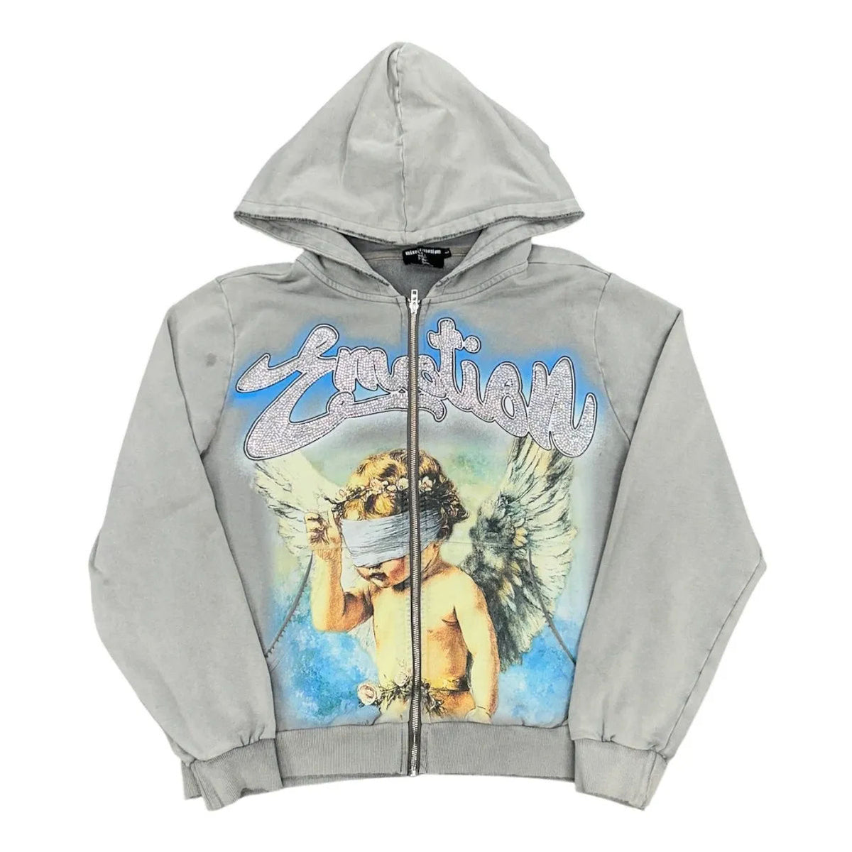 Mixed Emotion Rhinestone Zip Up Hoodie (Grey) - Preowned