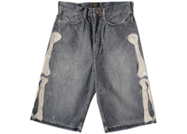 Kapital 14 Oz Denim 5P Bone Embroidery Shorts Black - Preowned