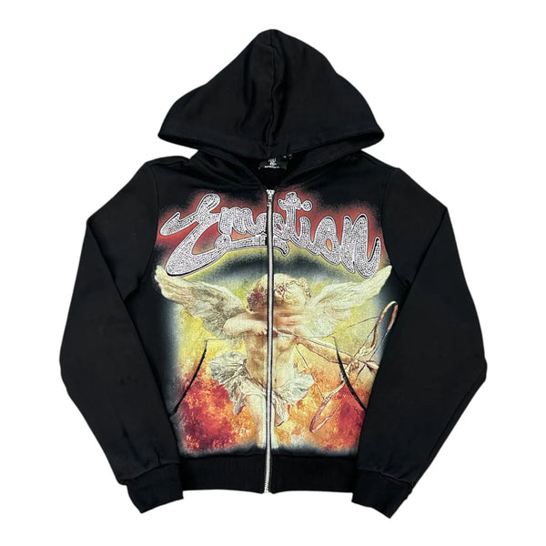 Mixed Emotion Angel Rhinestone Zip Up Hoodie (Black) - Preowned