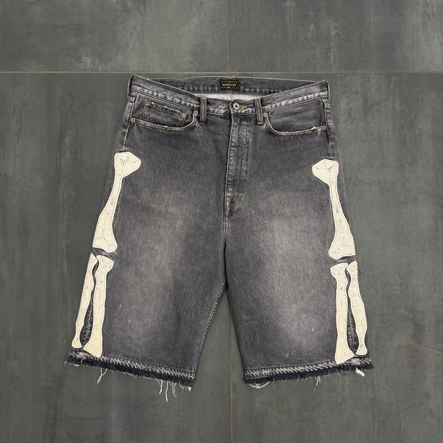 Kapital 14 Oz Denim 5P Bone Embroidery Shorts Black - Preowned