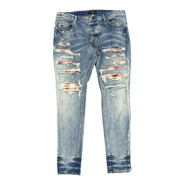 Amiri MX1 Red/White Flannel Patch Jeans (Clay Indigo) - Preowned