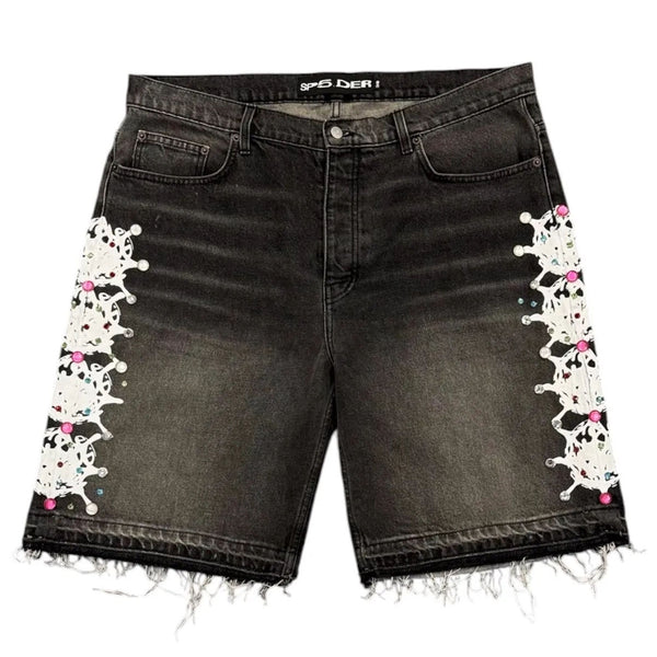 Sp5der Web Stone Denim Shorts (Black Wash) - Preowned
