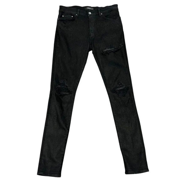 Amiri MX1 Black Leather Patch Jean (Black Waxed) - Preowned