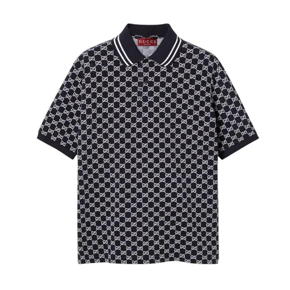 Gucci GG Cotton Piquet Jacquard Polo Shirt (Navy/White)