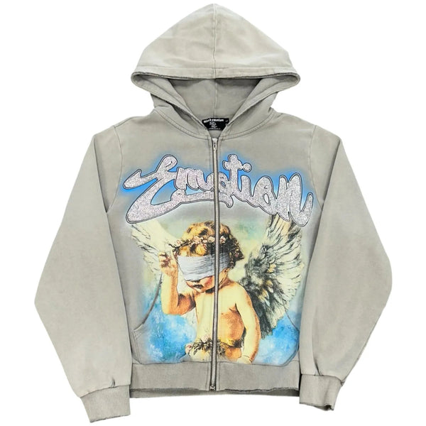 Mixed Emotion Rhinestone Hoodie (Grey) - Preowned