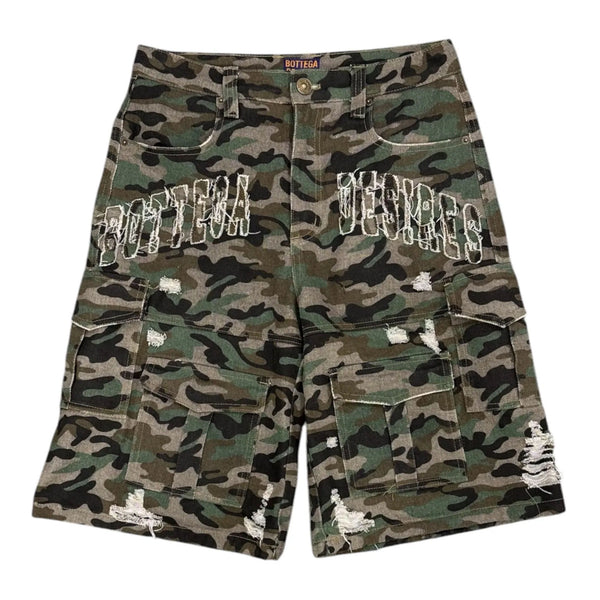 Bottega Desires Distressed Camo Cargo Shorts (Green) - Preowned