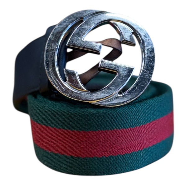 Gucci Belt Green/Red Web Double G Brass Buckle 1.5W Black - Preowned