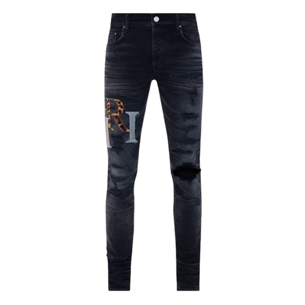 Amiri Leather Multicolor Staggered Logo Jeans (Faded Black)