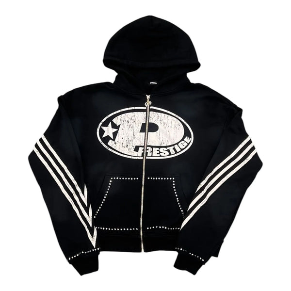 Prestige P Logo Rhinestone Zip Up Hoodie (Black) - Preowned