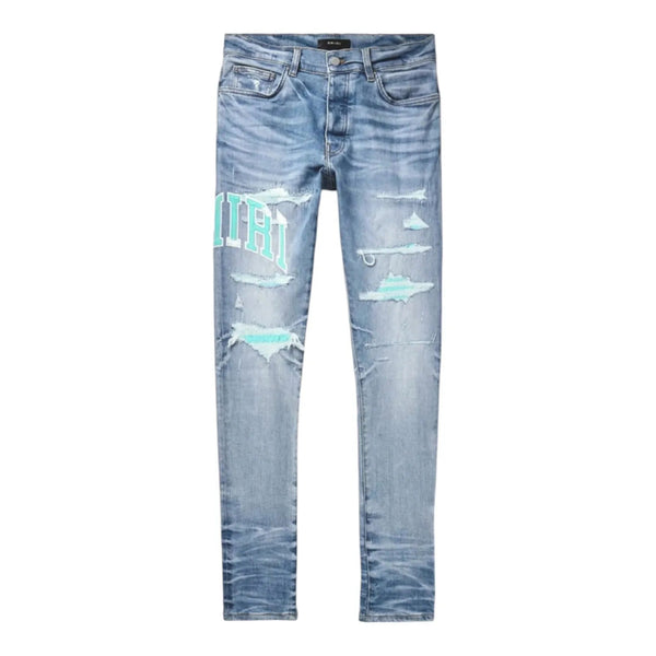 Amiri Appliquéd Logo Distressed Embroidered Jean (Blue) - Preowned