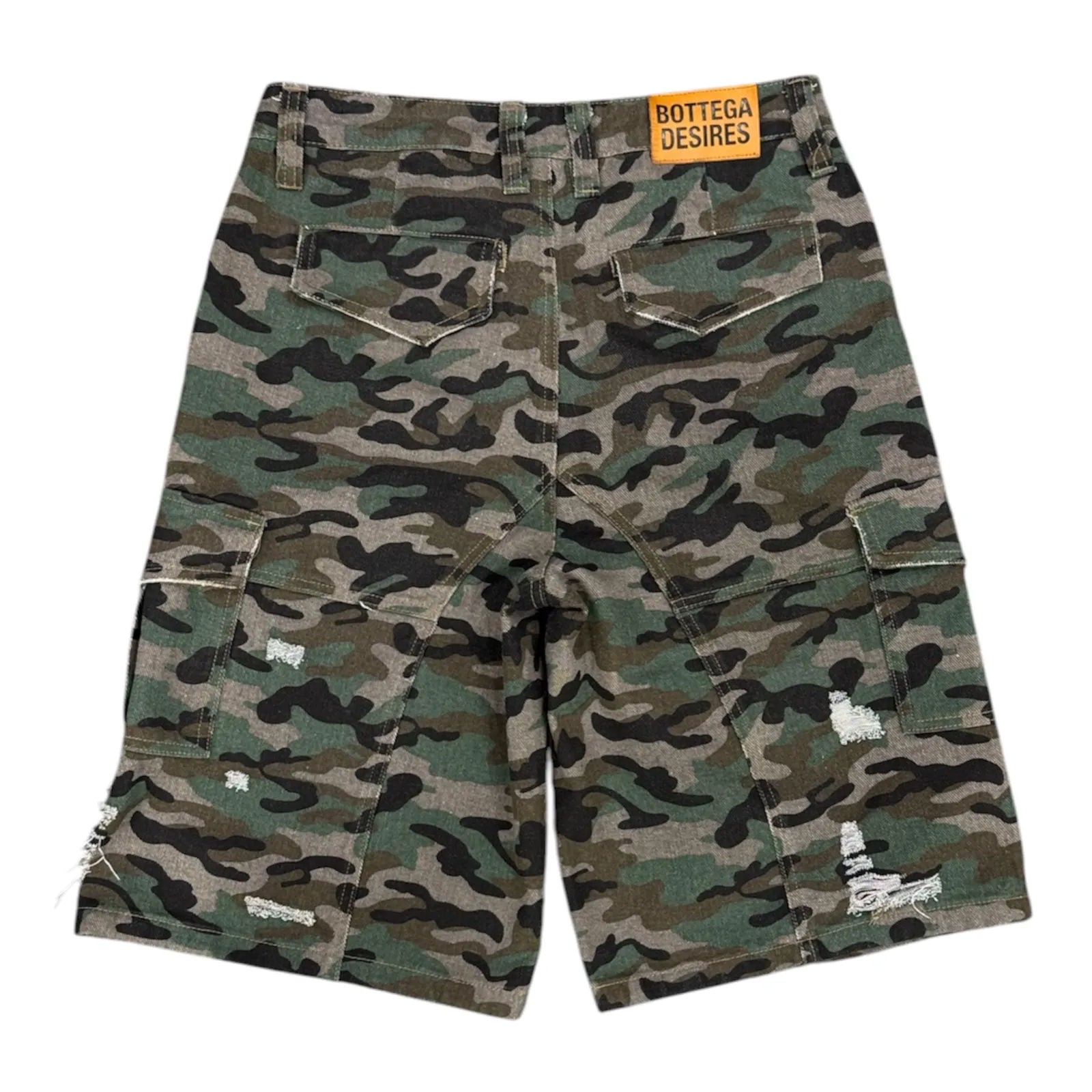 Bottega Desires Distressed Camo Cargo Shorts (Green) - Preowned