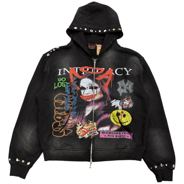 Lost Intricacy Front Page Mag Zip Up Hoodie (Black) - Preowned