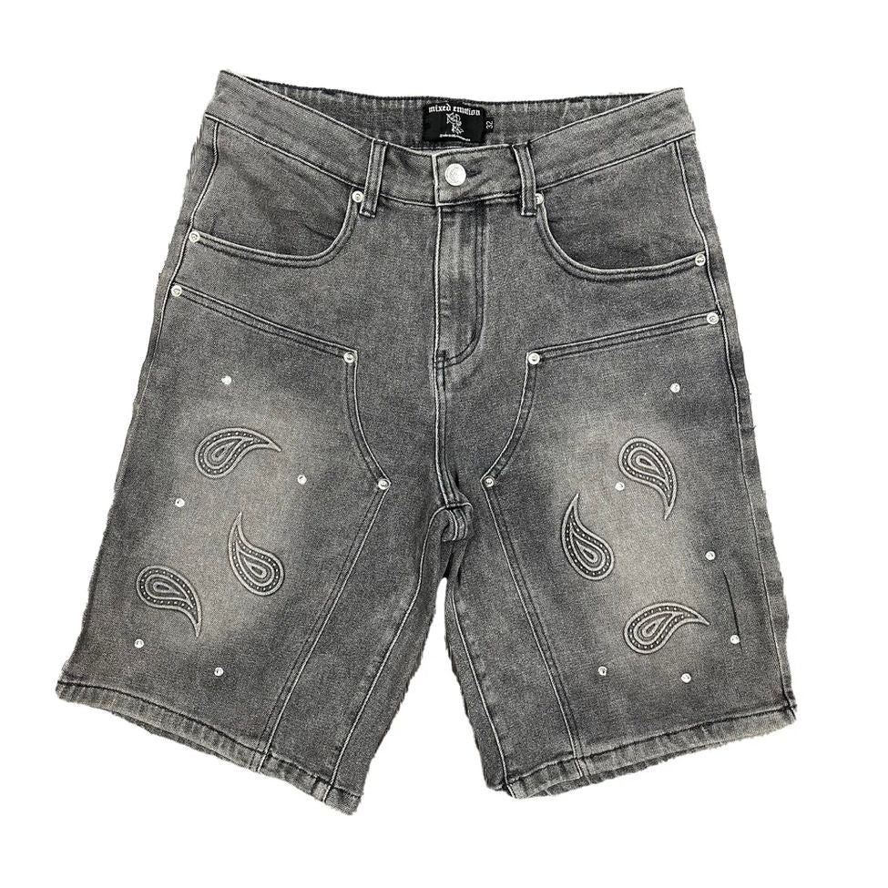 Mixed Emotion Paisley Denim Shorts (Black)
