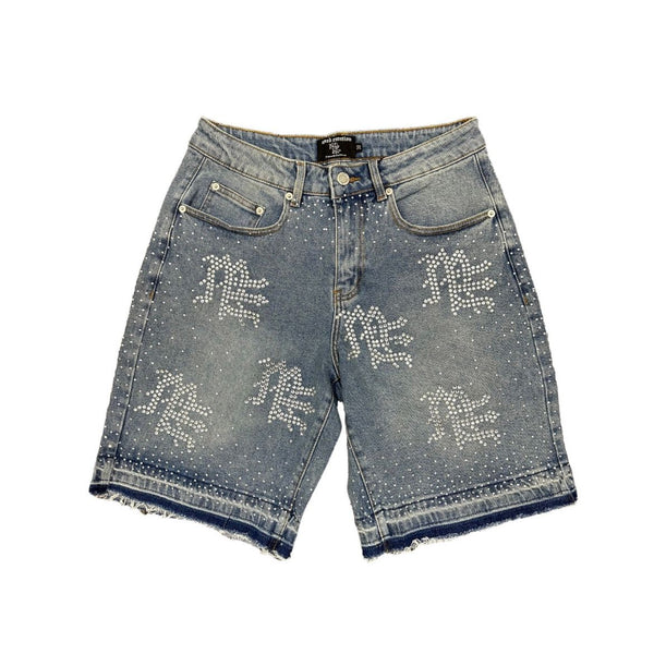 Mixed Emotion ME Rhinestone Denim Shorts (Blue)
